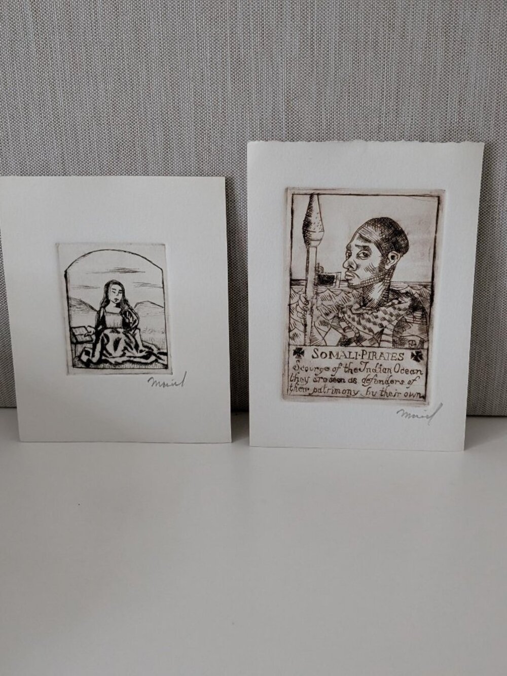Set of 2 Intaglio Prints Woman and Pirate -Handcrafted Artwork - Unframed Signed